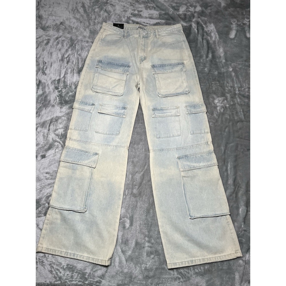 American Bazi Pants Large Baggy Wide Leg Cargo Stretch Blue Bleached